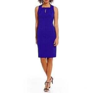 Calvin Klein Royal Blue Cutout Neck Crepe Sleeveless Shift Dress